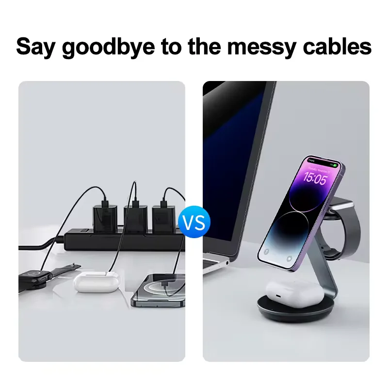 Aluminum Alloy Foldable 3 in 1 wireless charger For Mobile Phones 15w Desktop Fast Wireless Charging Stand - Image 3