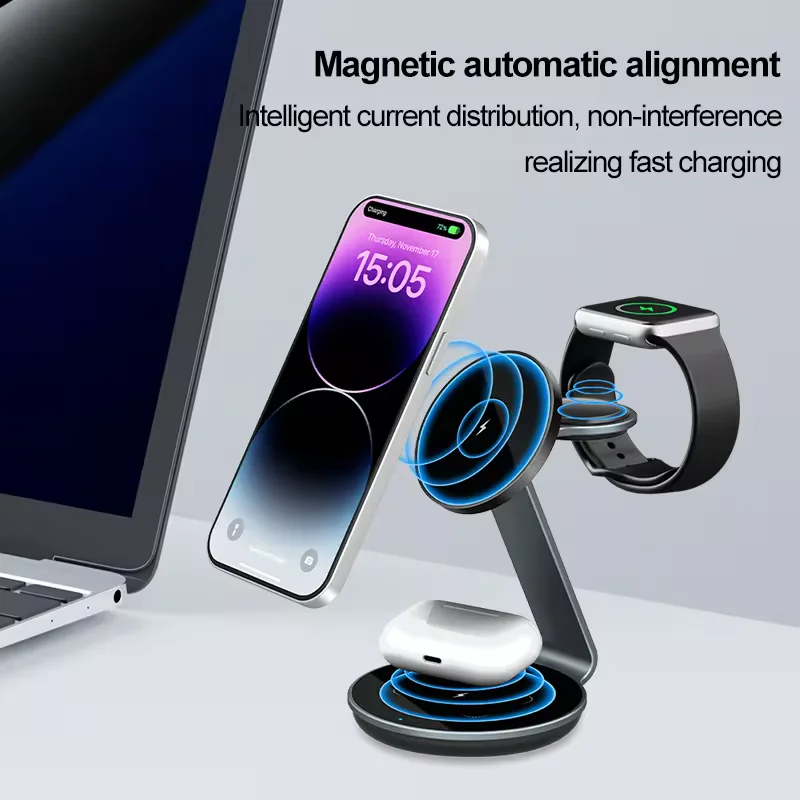 Aluminum Alloy Foldable 3 in 1 wireless charger For Mobile Phones 15w Desktop Fast Wireless Charging Stand - Image 4