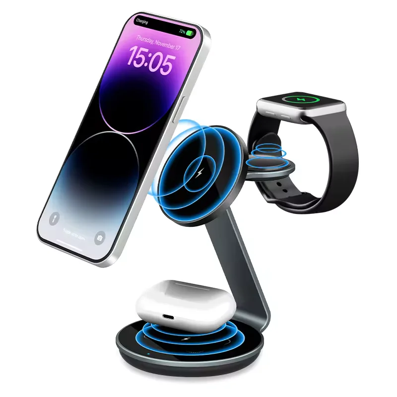 Aluminum Alloy Foldable 3 in 1 wireless charger For Mobile Phones 15w Desktop Fast Wireless Charging Stand - Image 6