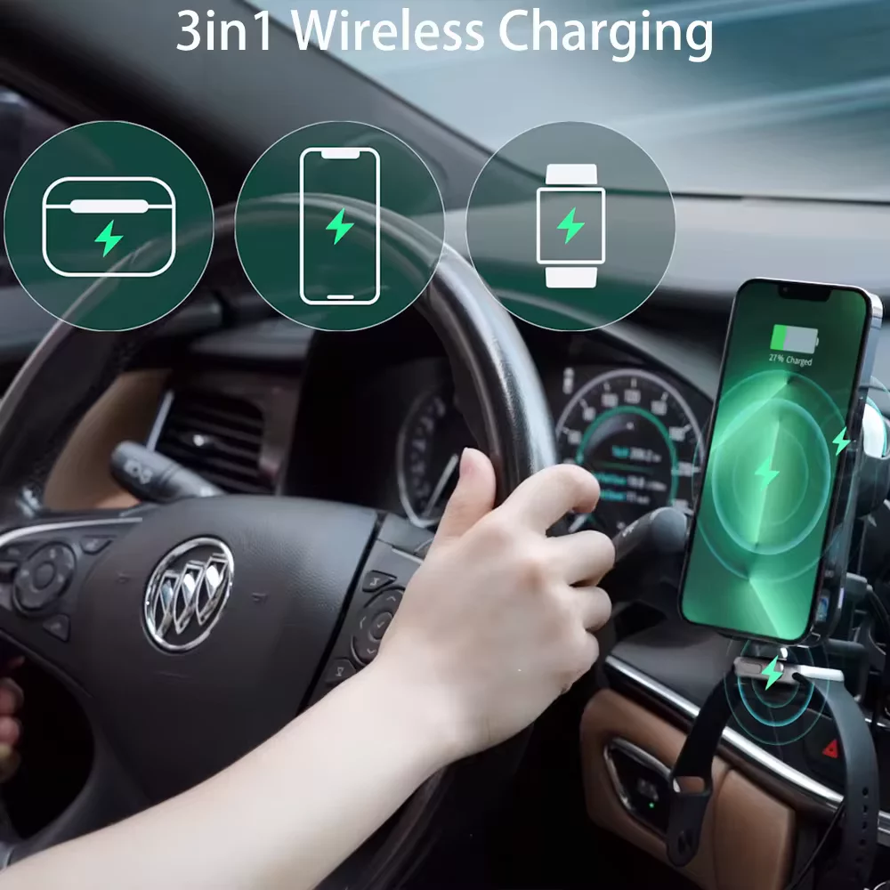 New Design 3 in 1 Car phone holder 15w Magnetic Mag-safing Fast Charging Car Phone Mount  Wireless Car Charger For Phone Watch Earpods - Image 4